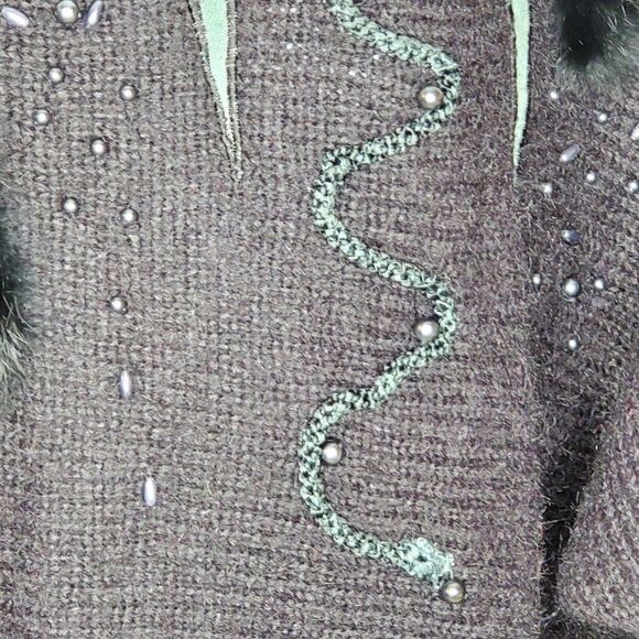Vintage Black Acrylic Mohair Sweater Sz L 80s Abstract Rabbit Fur Faux Pearls - Picture 6 of 6